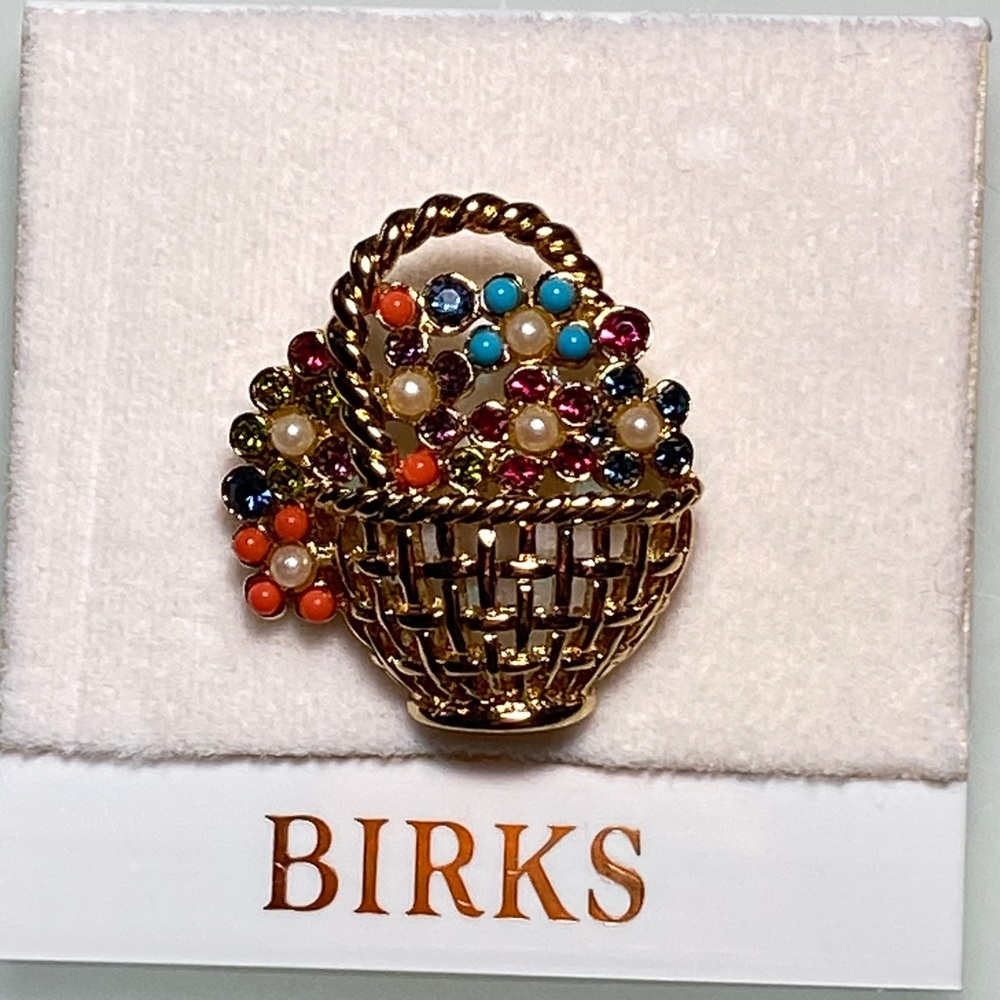 Birks Gold Basket Brooch with Colorful Gems